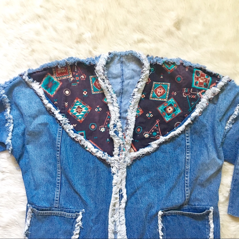 Vintage Oversize Denim Jean Jacket 80s Fringe - Picture 4 of 6